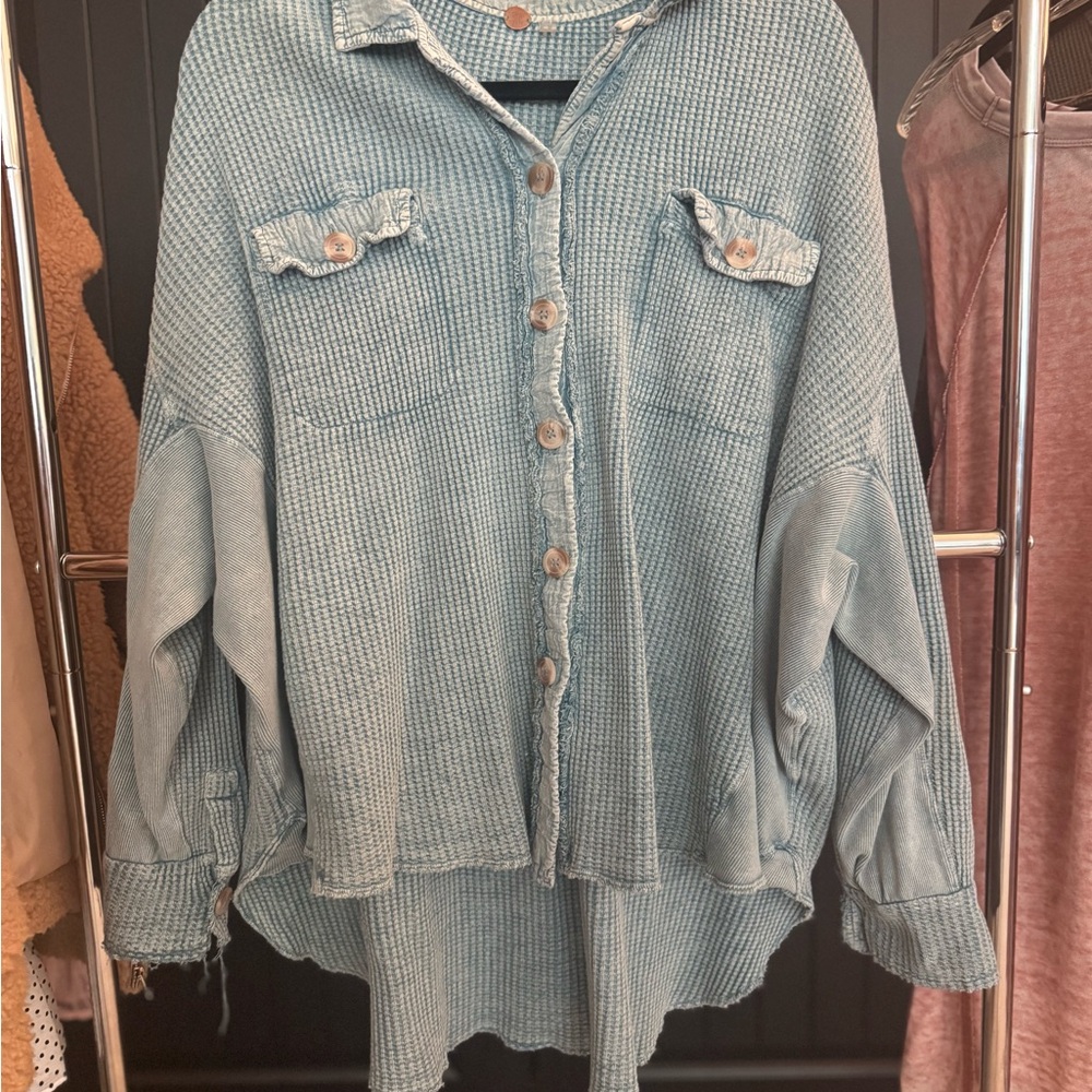 Teal Free People Button-Up Waffle Knit Shirt